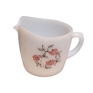 Vintage Fire King Fleurette Milk Glass Creamer‎ pot with pink & red floral MCM